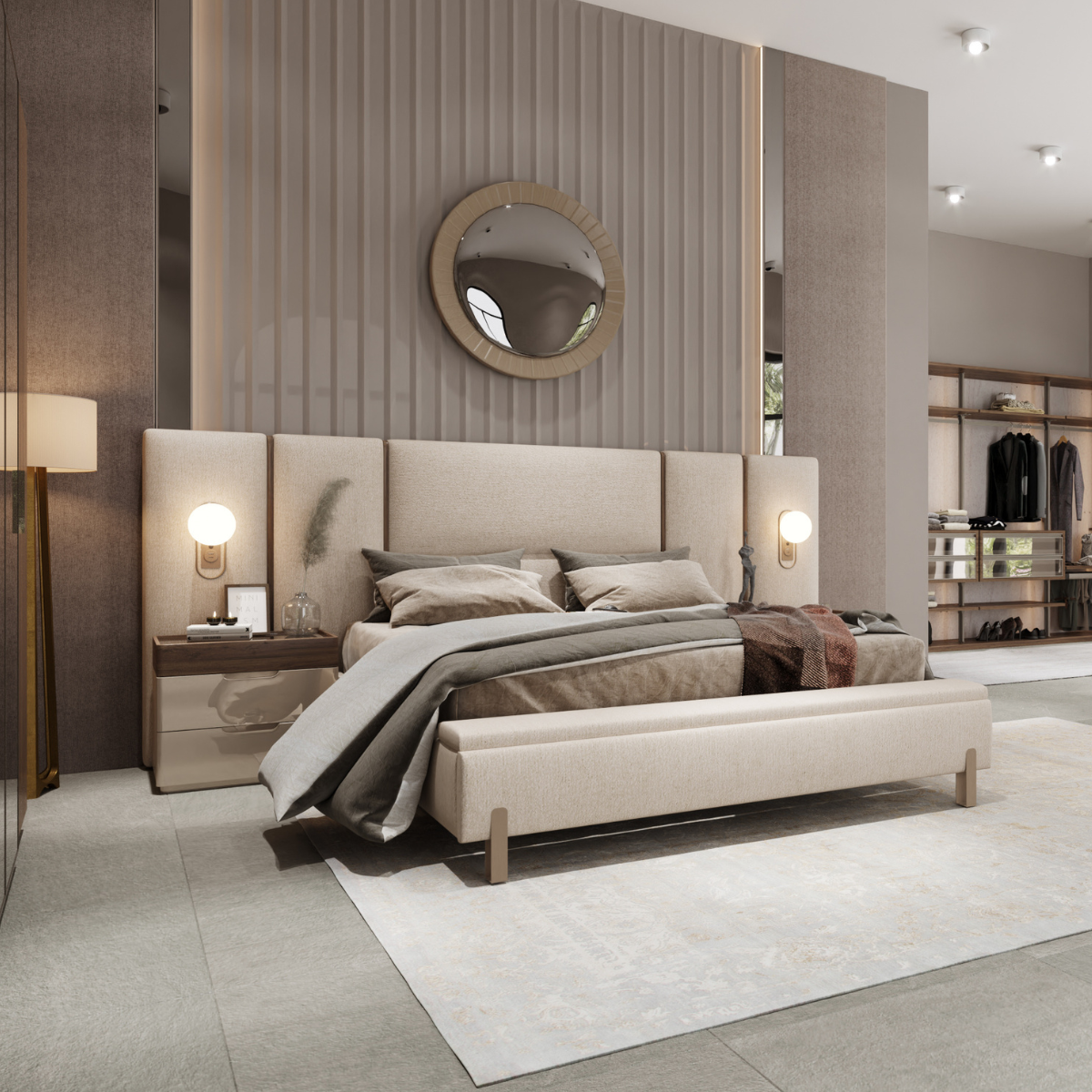 Pat tapițat modern cu 2 noptiere, Bugatis - intermobilifurniture