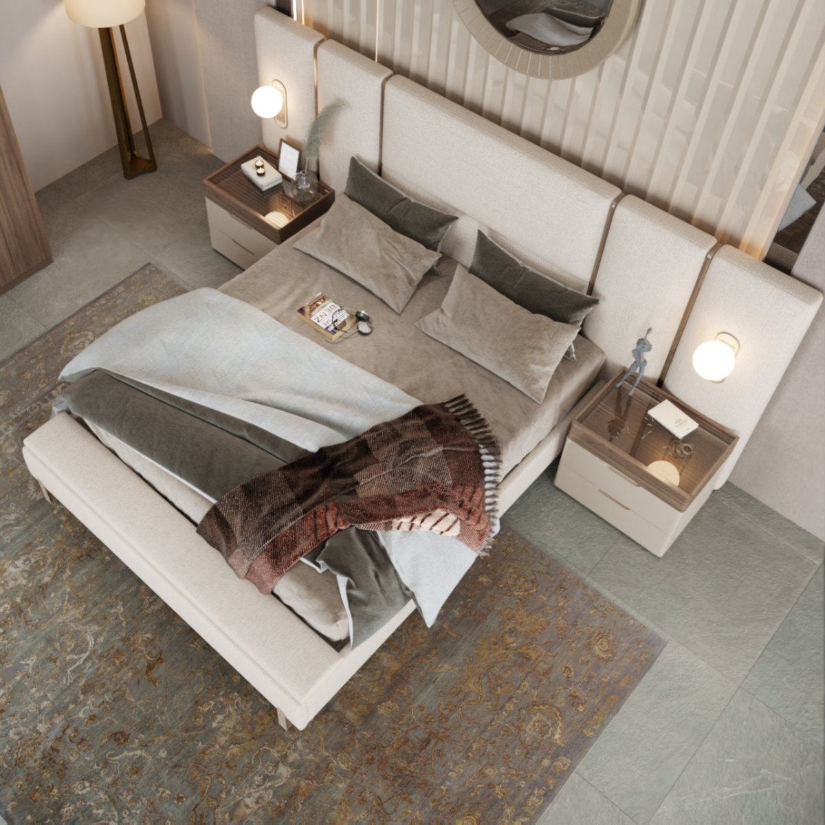 Pat tapițat modern cu 2 noptiere, Bugatis - intermobilifurniture