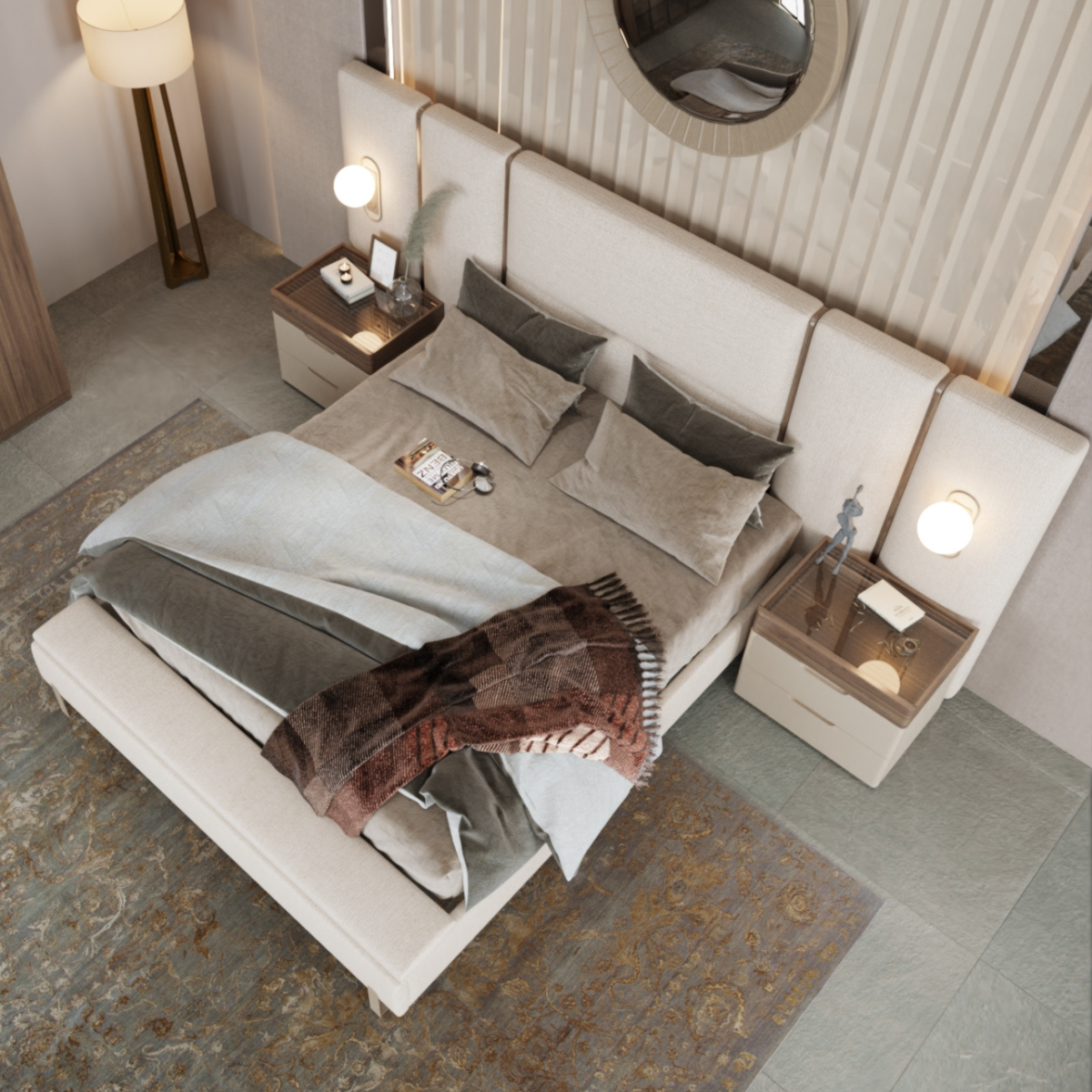 Pat tapițat modern cu 2 noptiere, Bugatis - intermobilifurniture