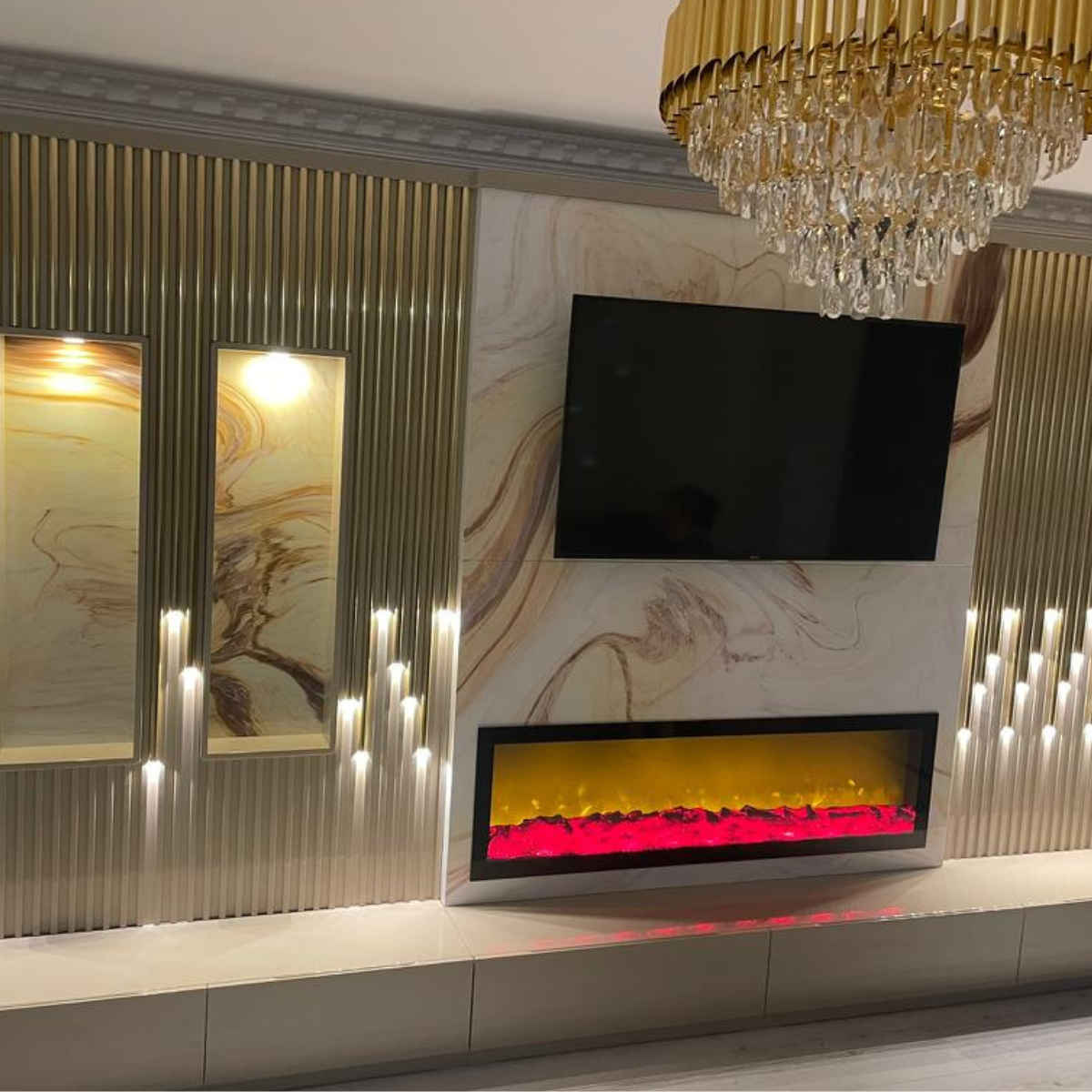 Biblioteca De Lux cu Semineu și panou de tv, Bora crem/gold