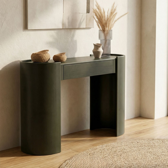 Consolă Motto din MDF Verde Oliv cu Sertar – 125 × 42 × 88 cm