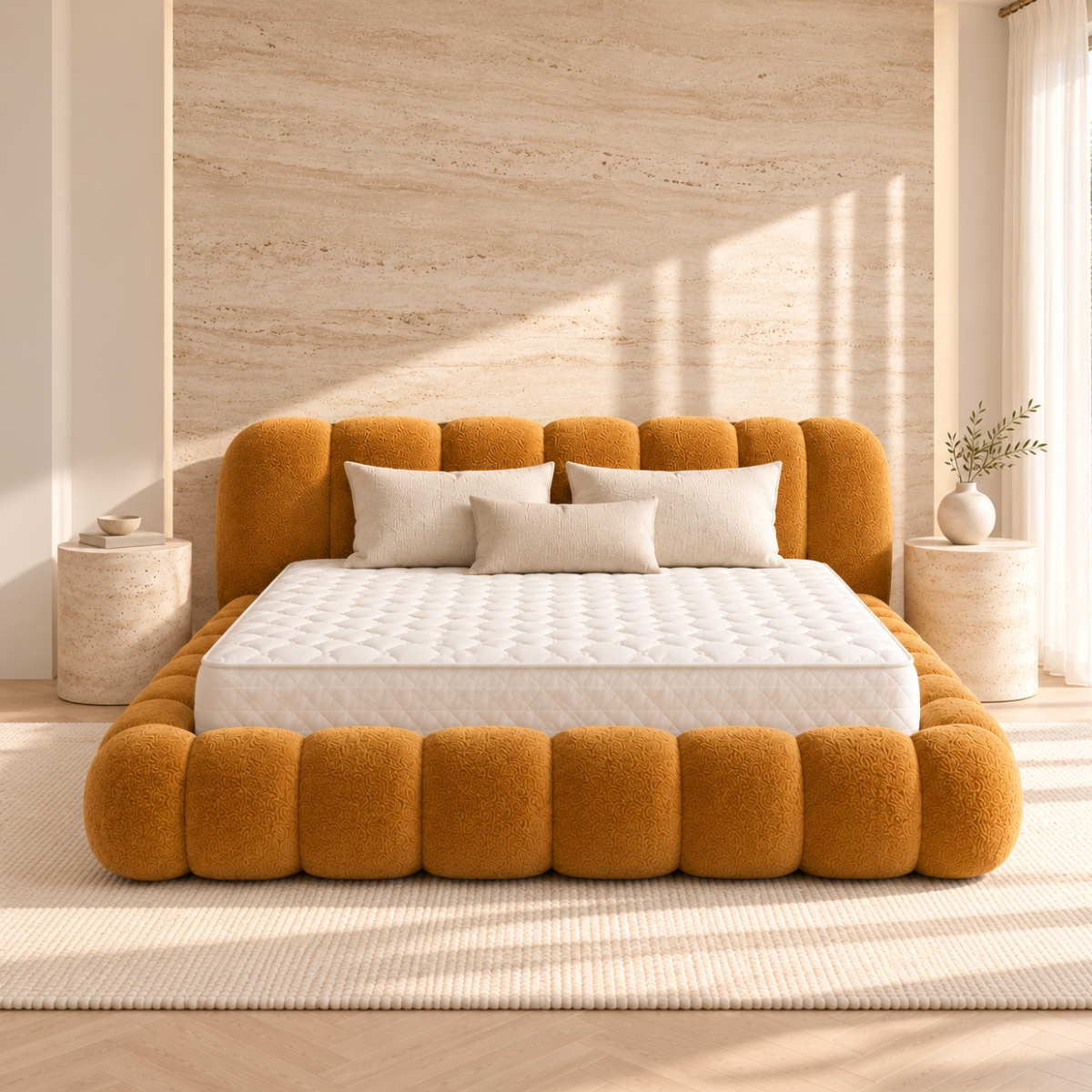 Pat Tapițat Modern Cu spațiu de depozitare, Bucle 160X200 , portocaliu
