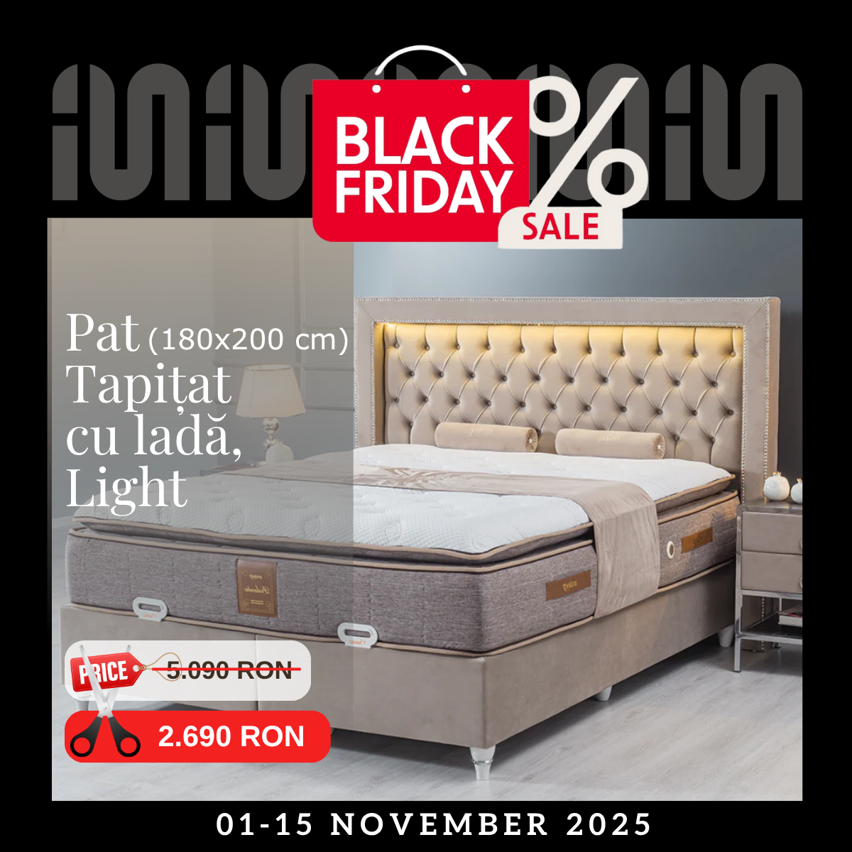 Pat tapițat de lux cu ladă, Light