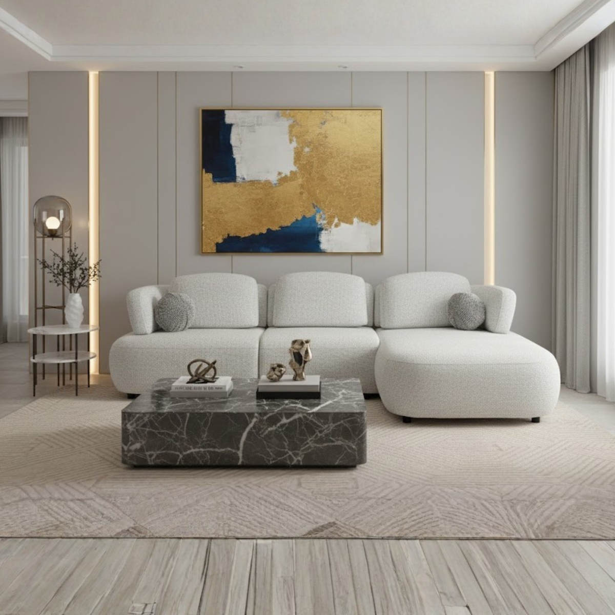 Mini Colțar Modular Bouclé Berlin – design luxury cu tetiere reglabile, confort premium