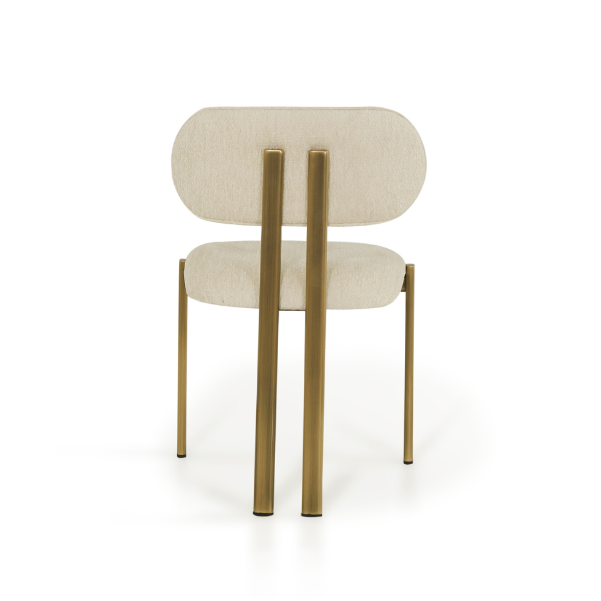 Chair with beige seat and backrest, gold metal legs on a white background