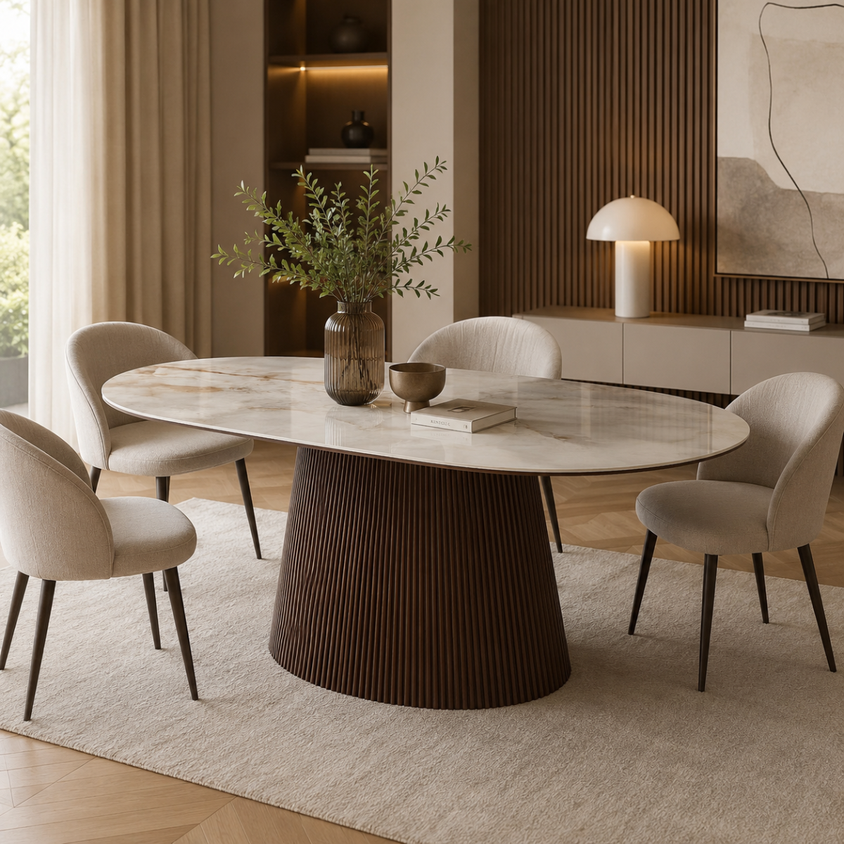 Masă dining Nero – Blat ceramic și picior riflat