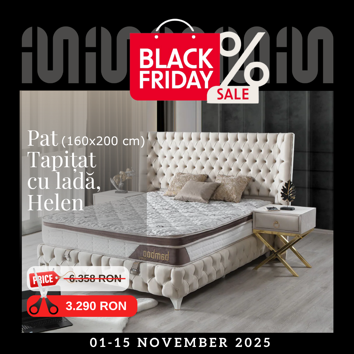 Pat tapițat modern cu ladă, Helen