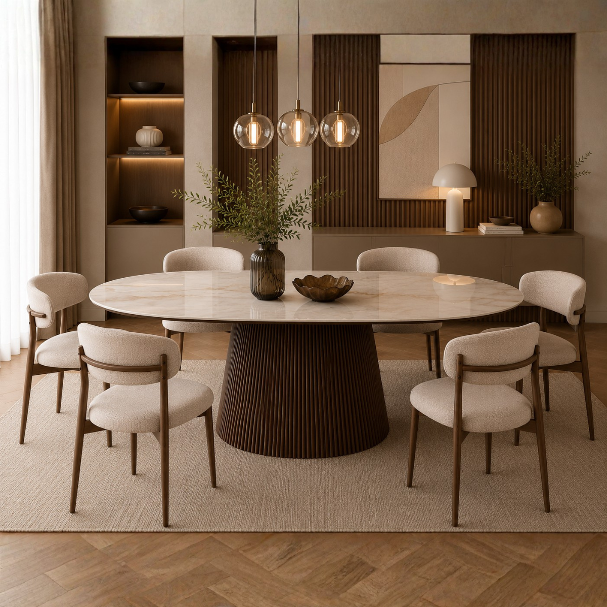 Masă dining Nero – Blat ceramic și picior riflat