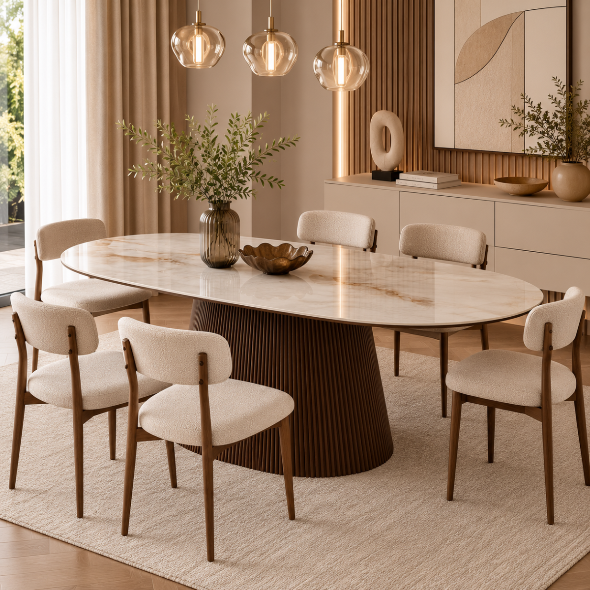 Masă dining Nero – Blat ceramic și picior riflat