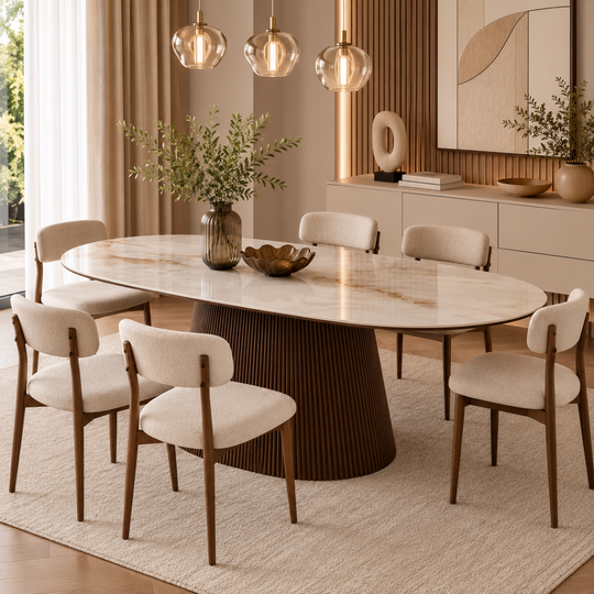 Masă dining Nero – Blat ceramic și picior riflat