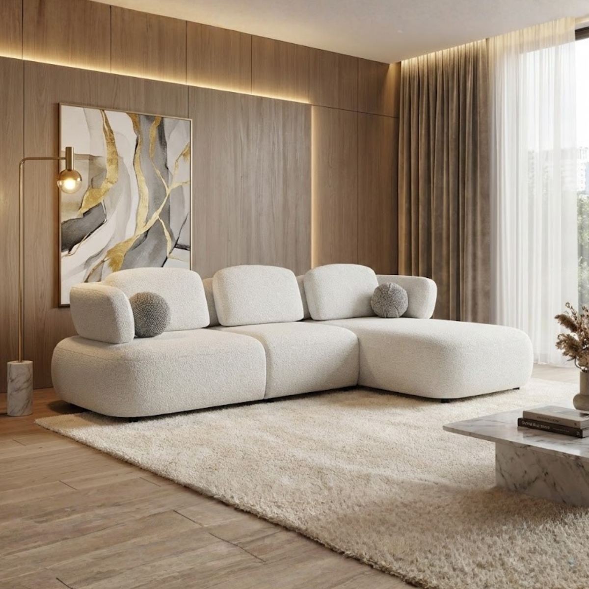 Mini Colțar Modular Bouclé Berlin – design luxury cu tetiere reglabile, confort premium