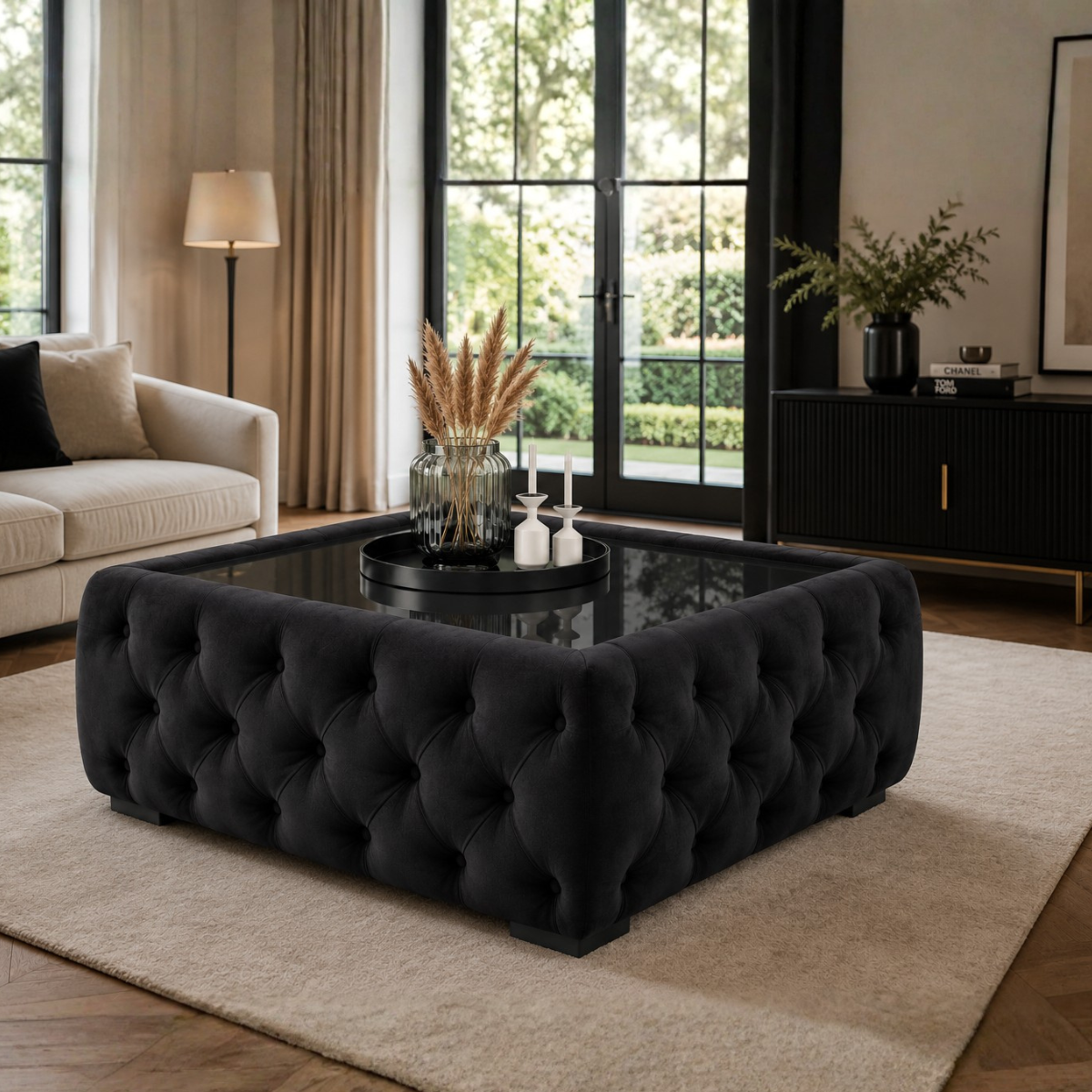 Masuta Tapitata Chesterfield, Milano  catifea cu blat sticla