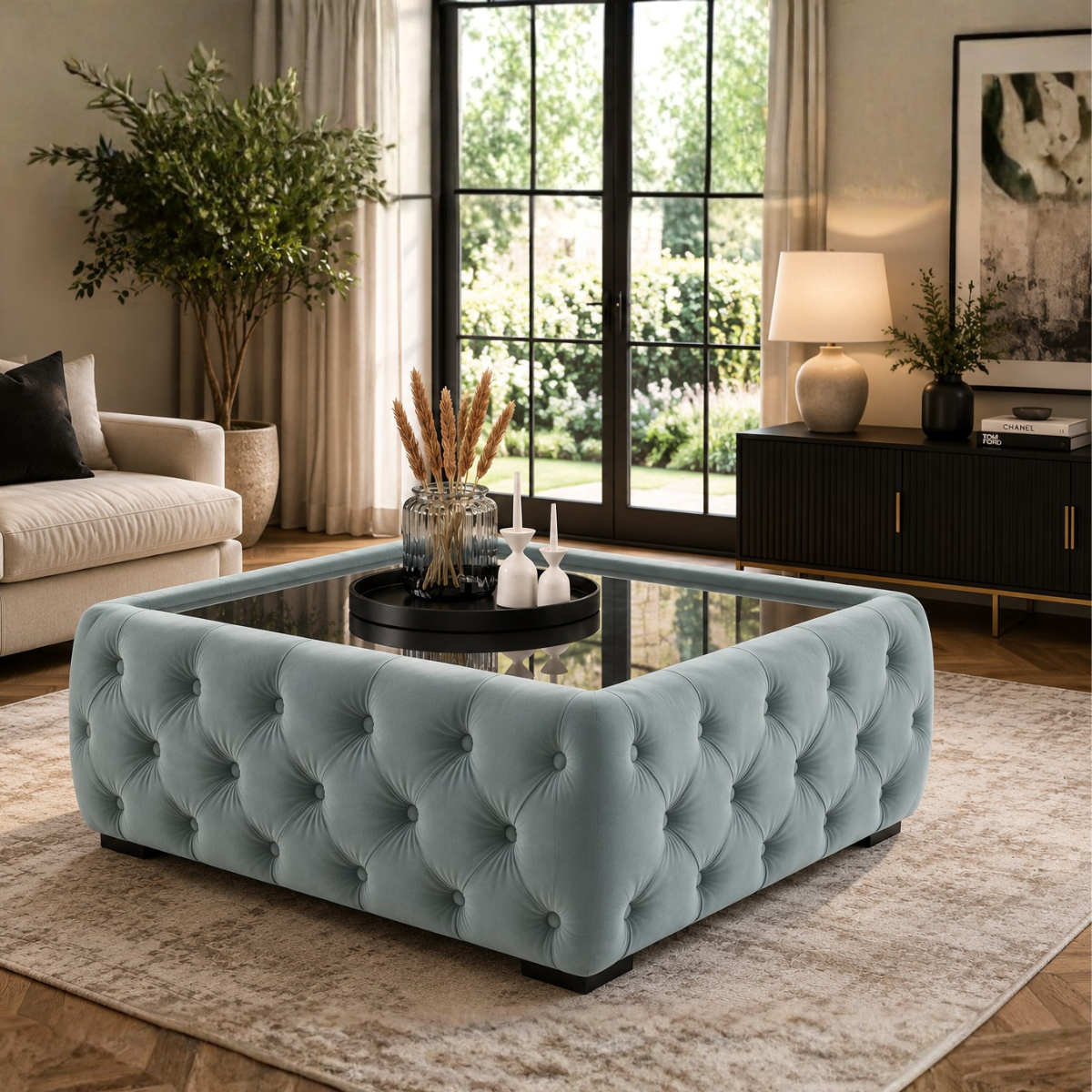 Masuta Tapitata Chesterfield, Milano  catifea cu blat sticla