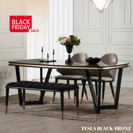 Masa de Dining Extensibila,Tesla K din MDF NEGRU MARMOURAT/BRONZ