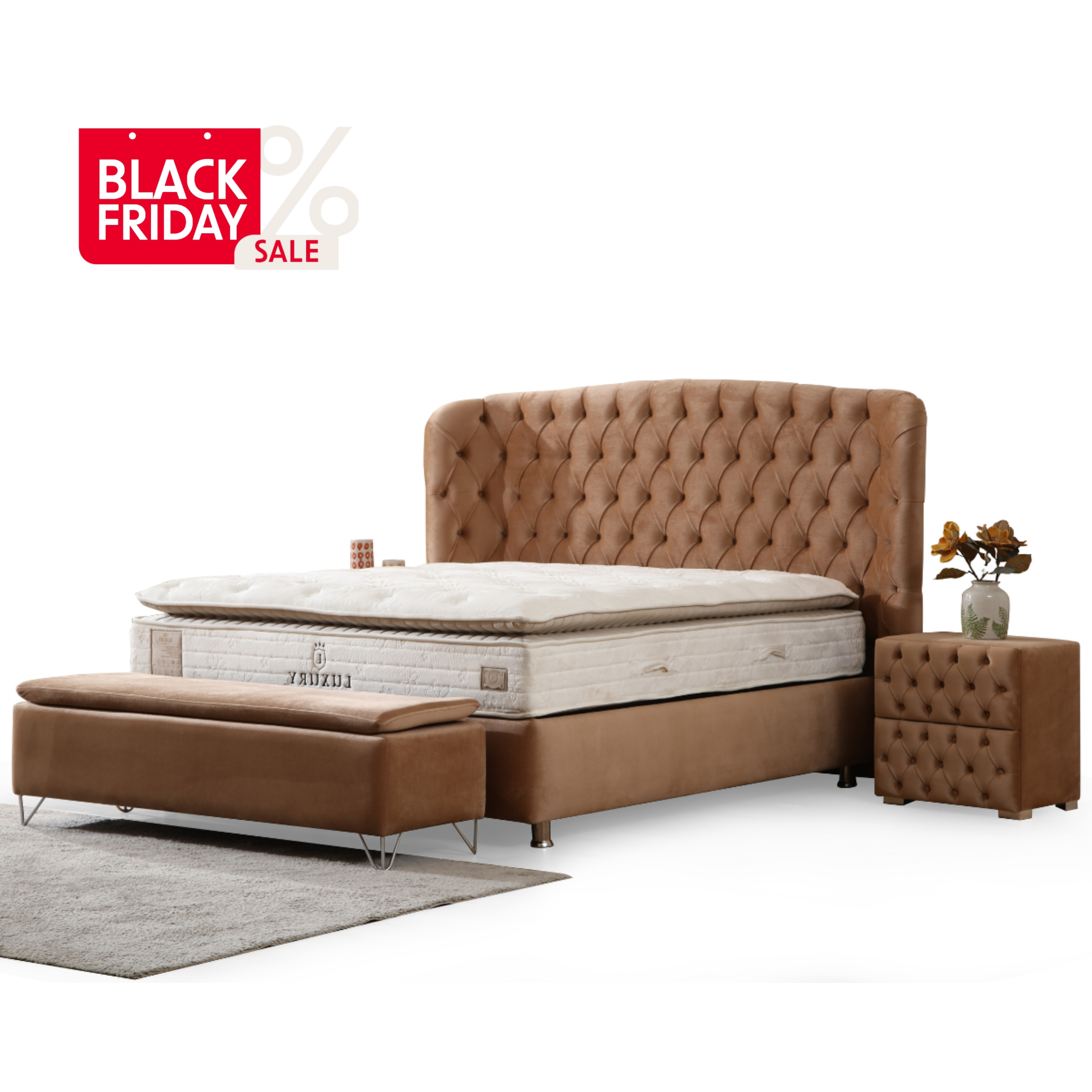 Set Pat tapițat cu ladă , 2 noptiere si bancheta Riva , bej