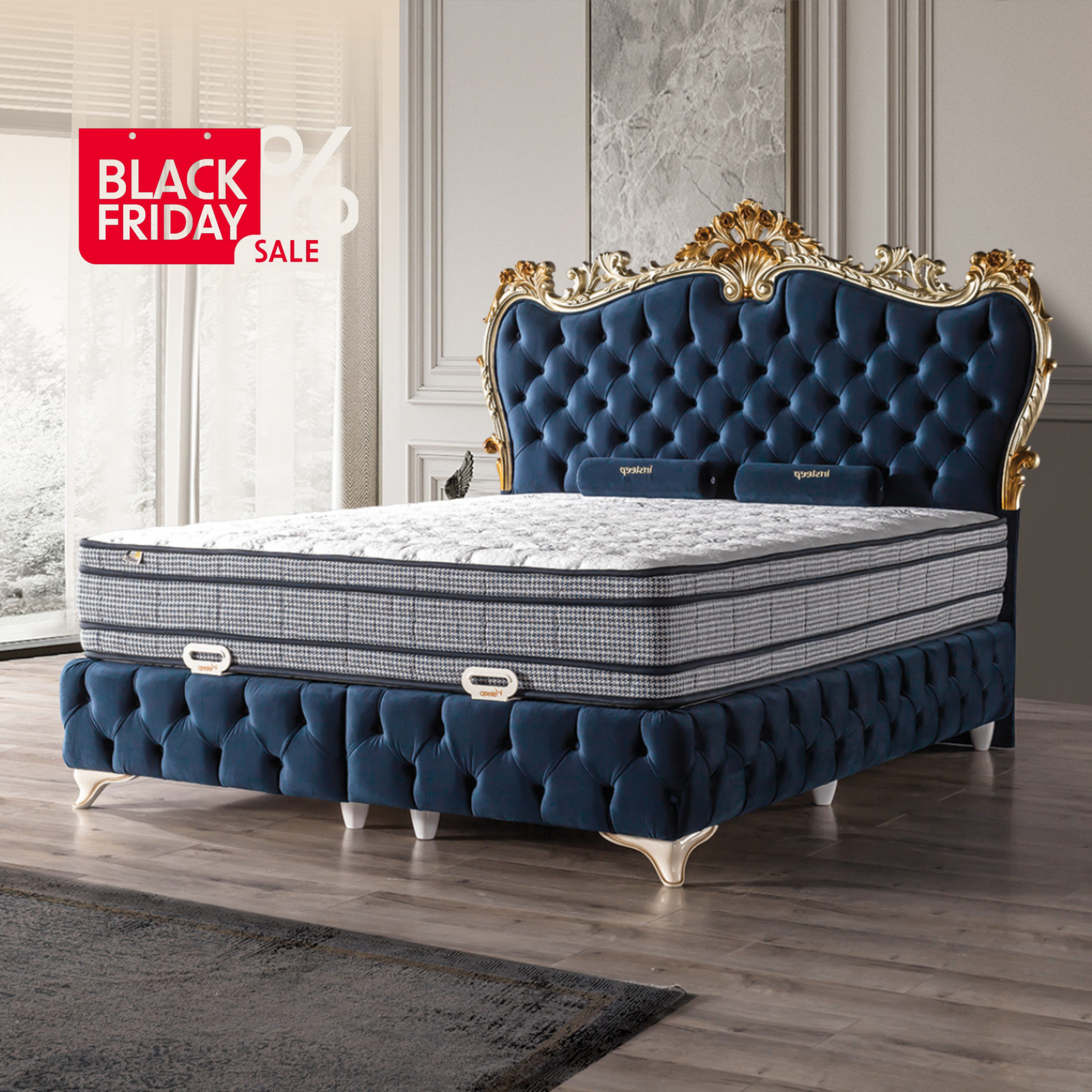 Pat tapițat  chester cu ladă, Kavin 200x200 ,catifea ,albastru