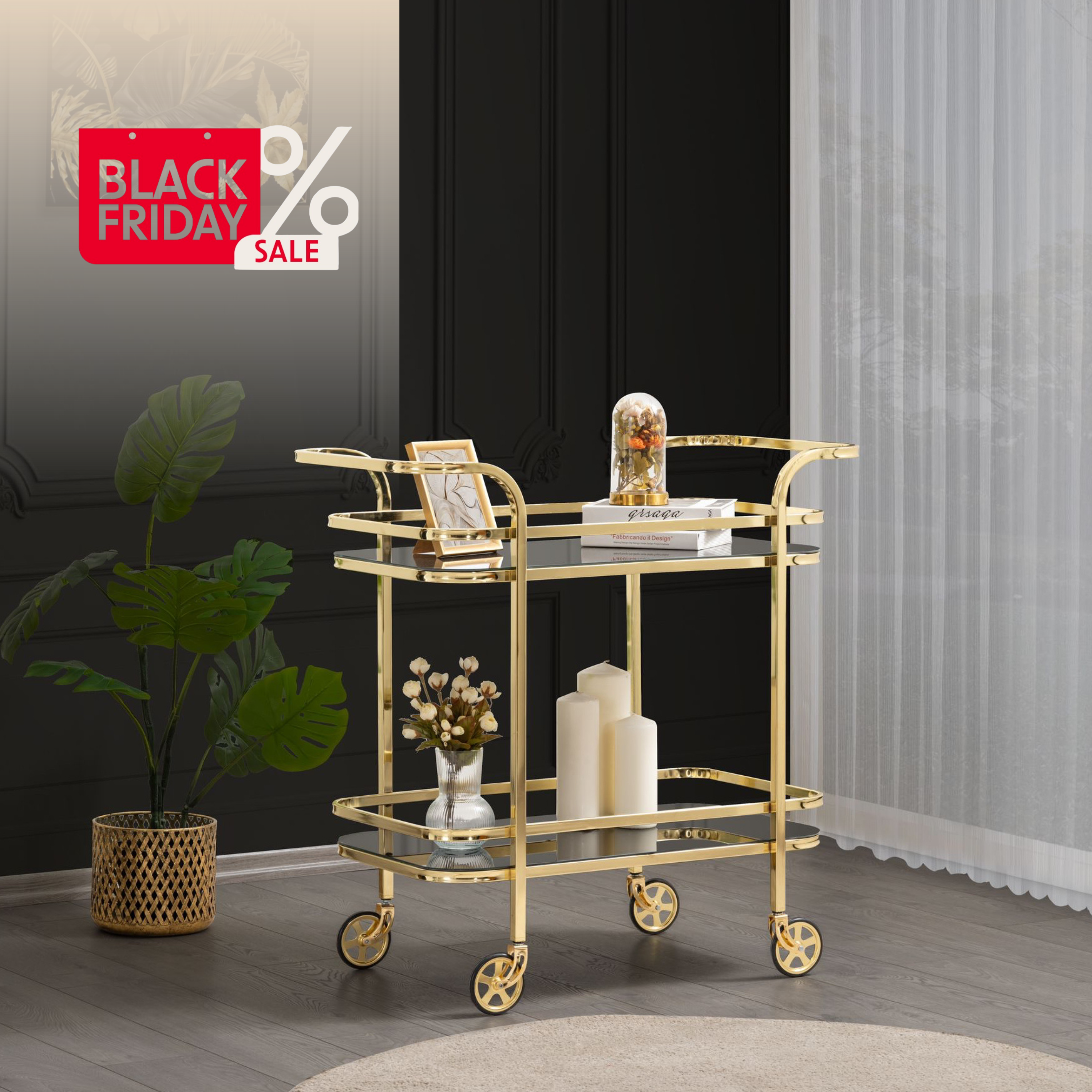 Carucior tip masuta din metal gold cu sticla