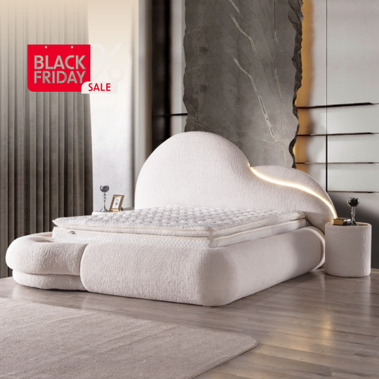 Pat tapițat cu iluminare LED si 2 noptiere , Atlantic 180x200 crem(velur 03)