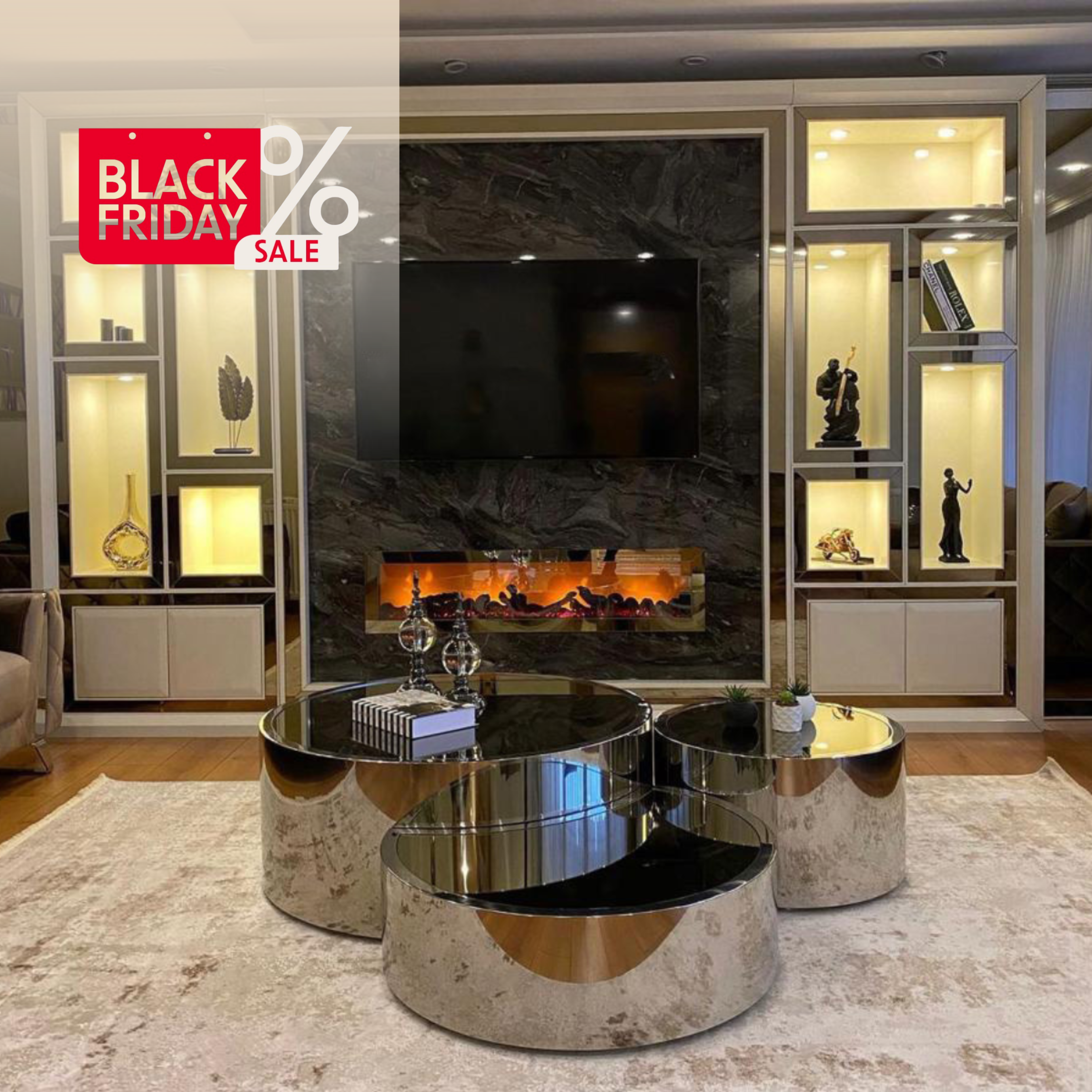 Biblioteca De Lux cu Semineu și panou tv, Insta, bej