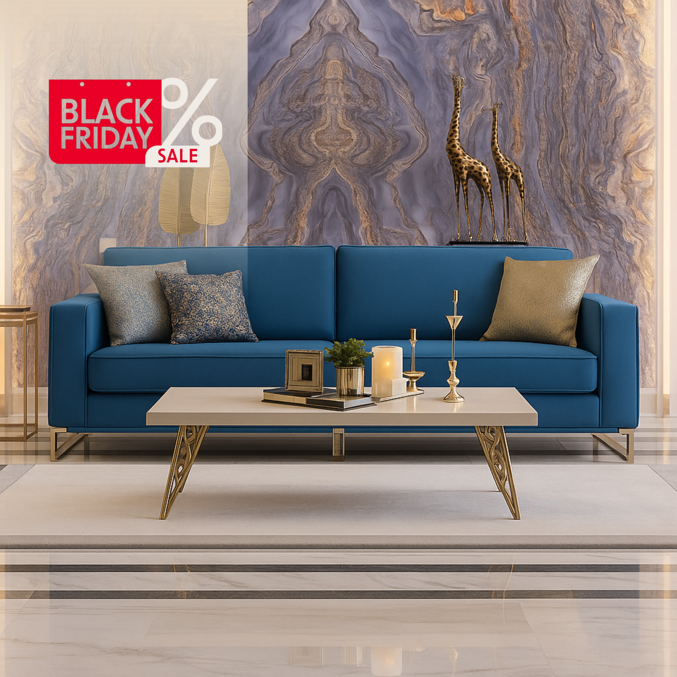 Canapea fixa 2 locuri, Massima, catifea, albastra