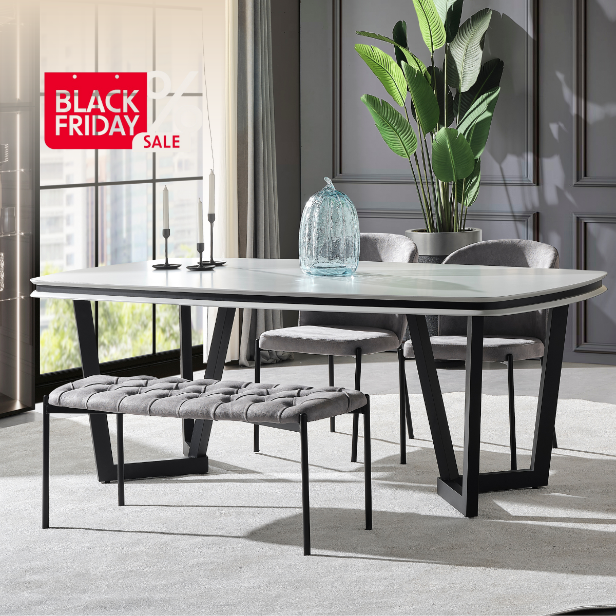 Masa de Dining Fixa ,Tesla K din MDF ALB MARMOURAT/NEGRU