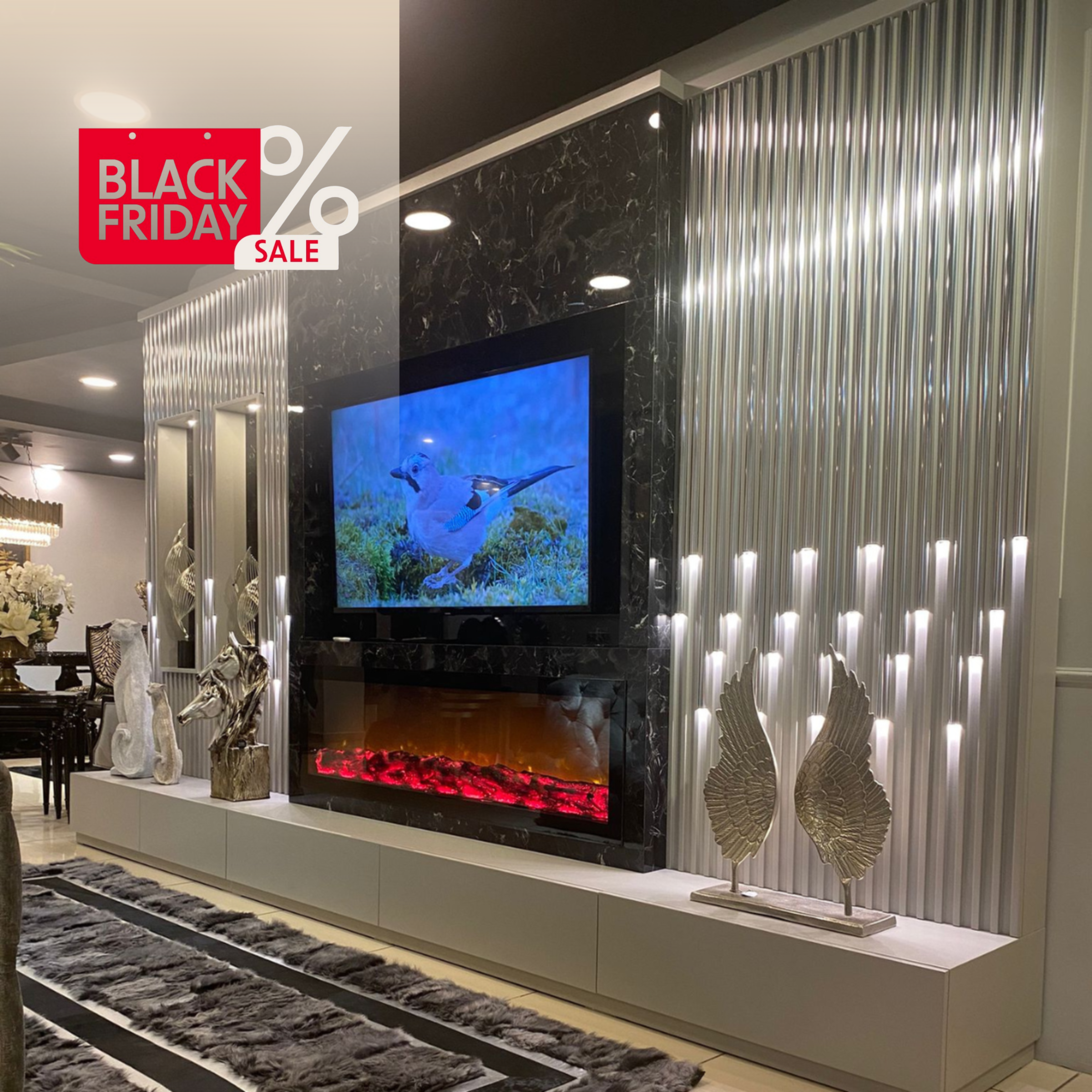 Biblioteca De Lux cu Semineu și panou de tv, Bora crem/gold