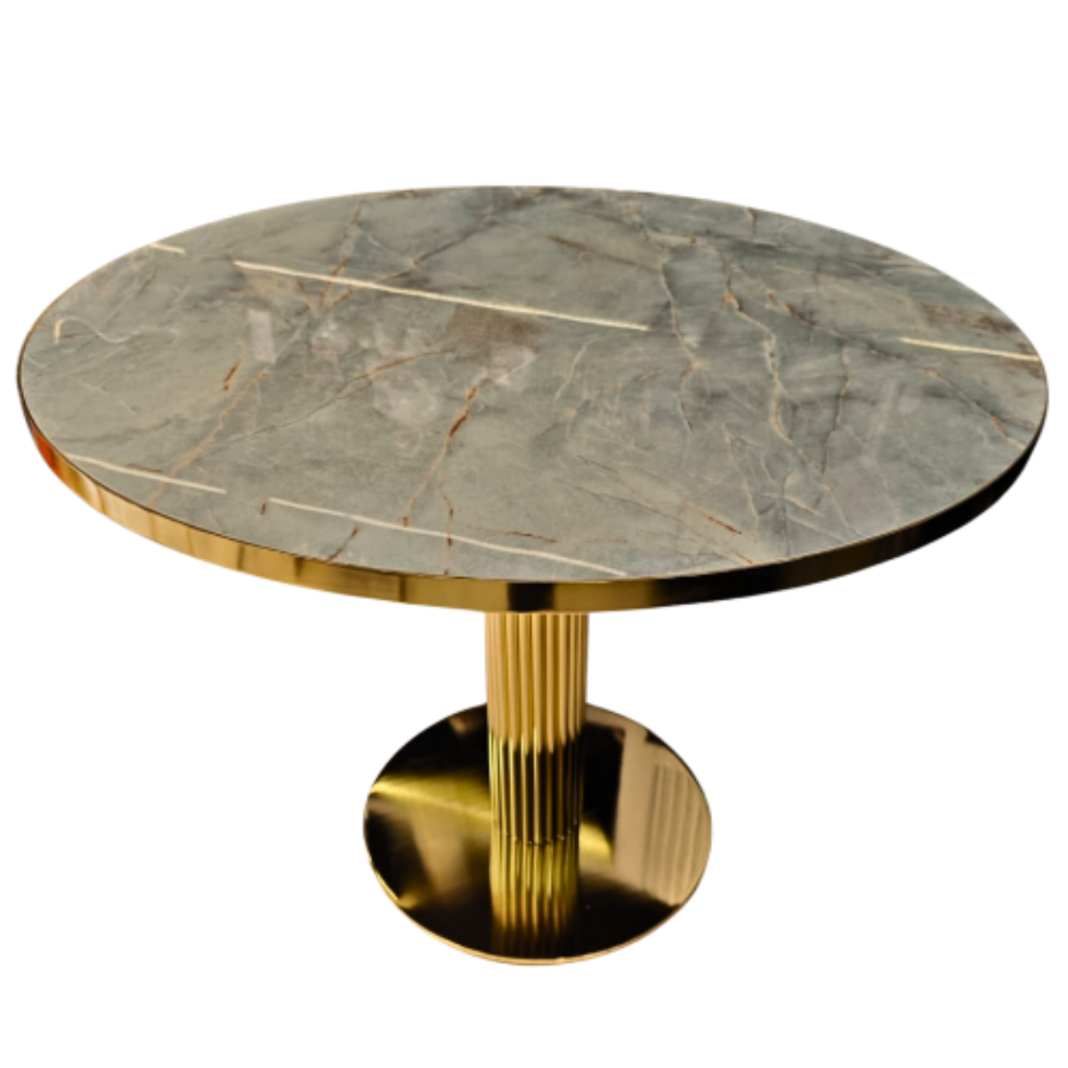 Round marble table with gold base on a white background
