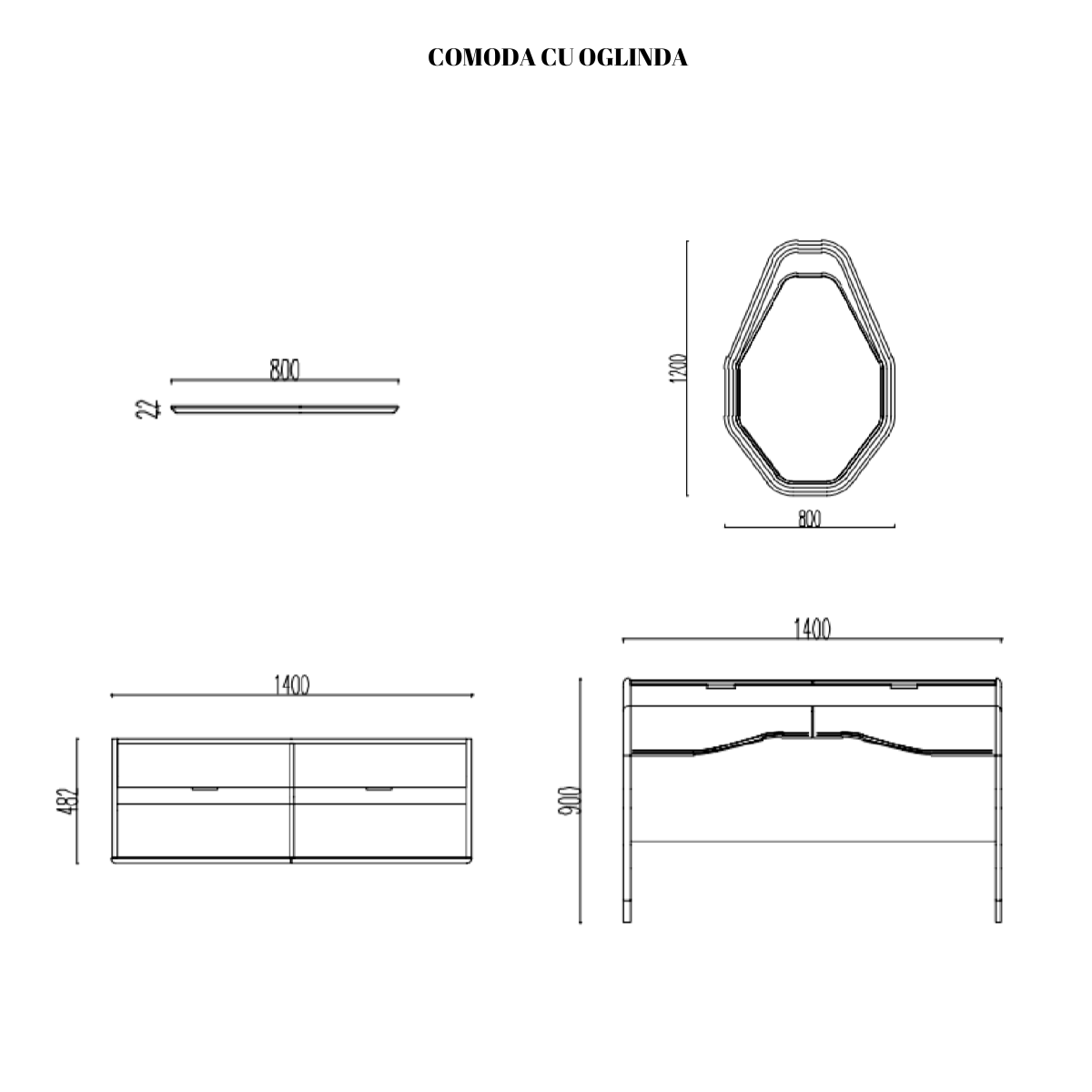 Comoda de Dormitor cu Oglinda si Taburet, Milano H