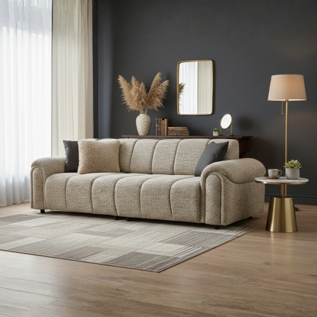 Living room with a beige sofa, decorative items, and a lamp.