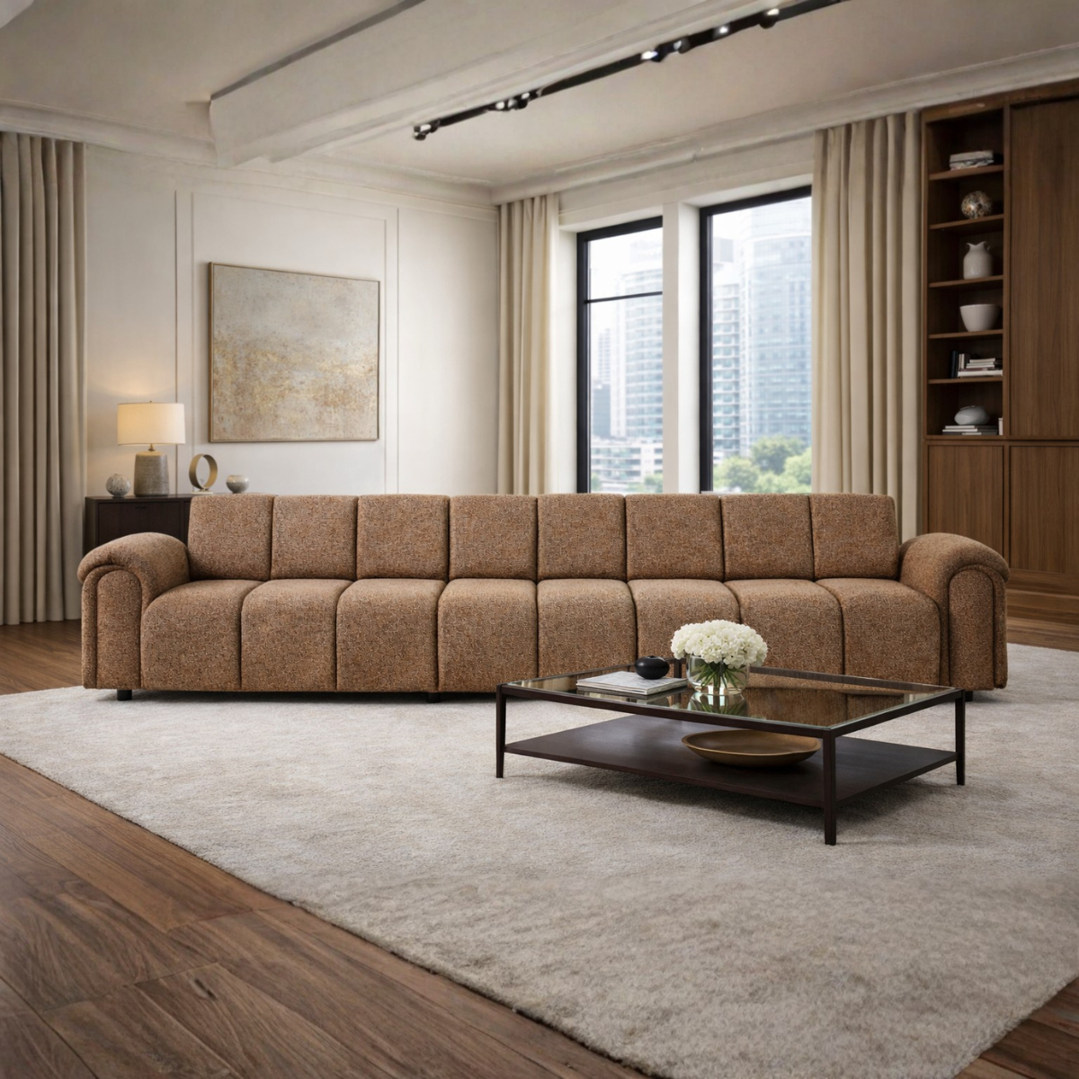 Brown sectional sofa in a living room with a coffee table and large windows.