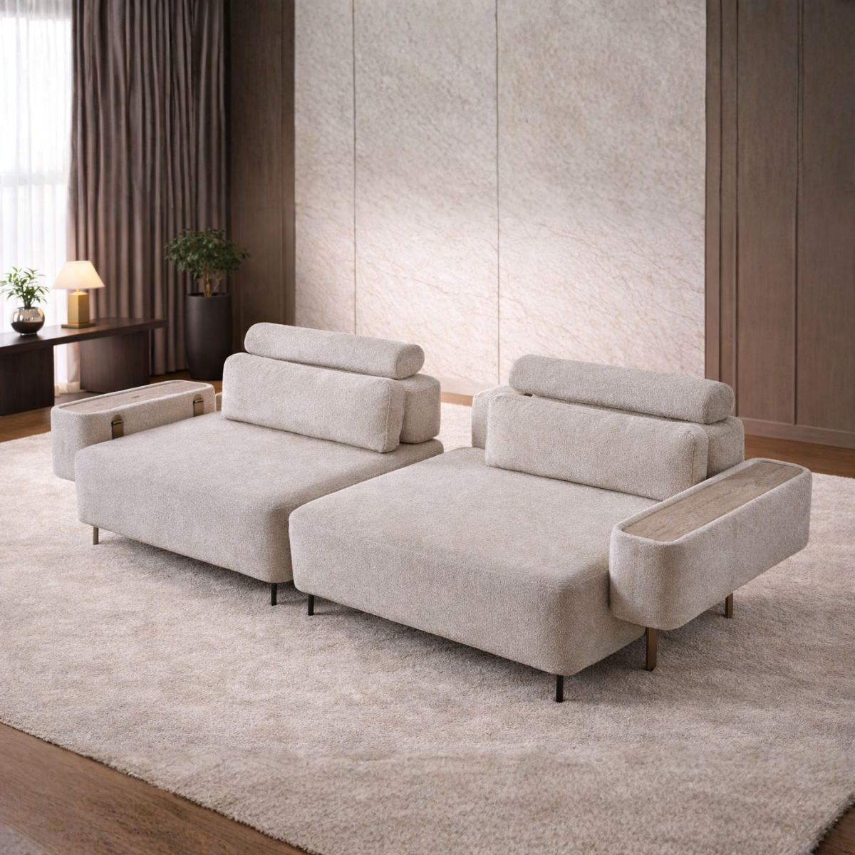 Modern beige sofa in a living room setting with neutral decor