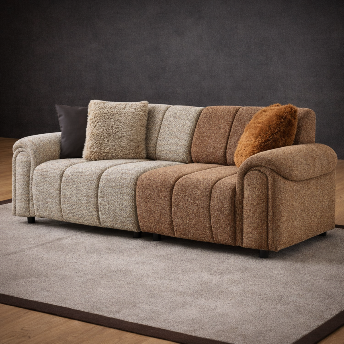 Multicolored sofa with patterned cushions on a dark background