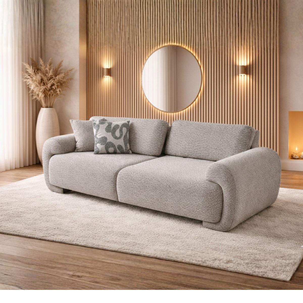 Gray sofa in a living room with a round mirror and decorative elements.