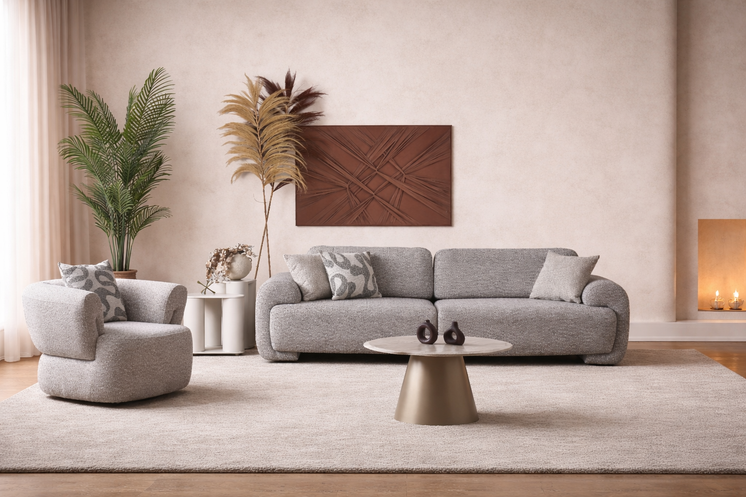Modern living room with gray sofa, armchair, and decorative elements.