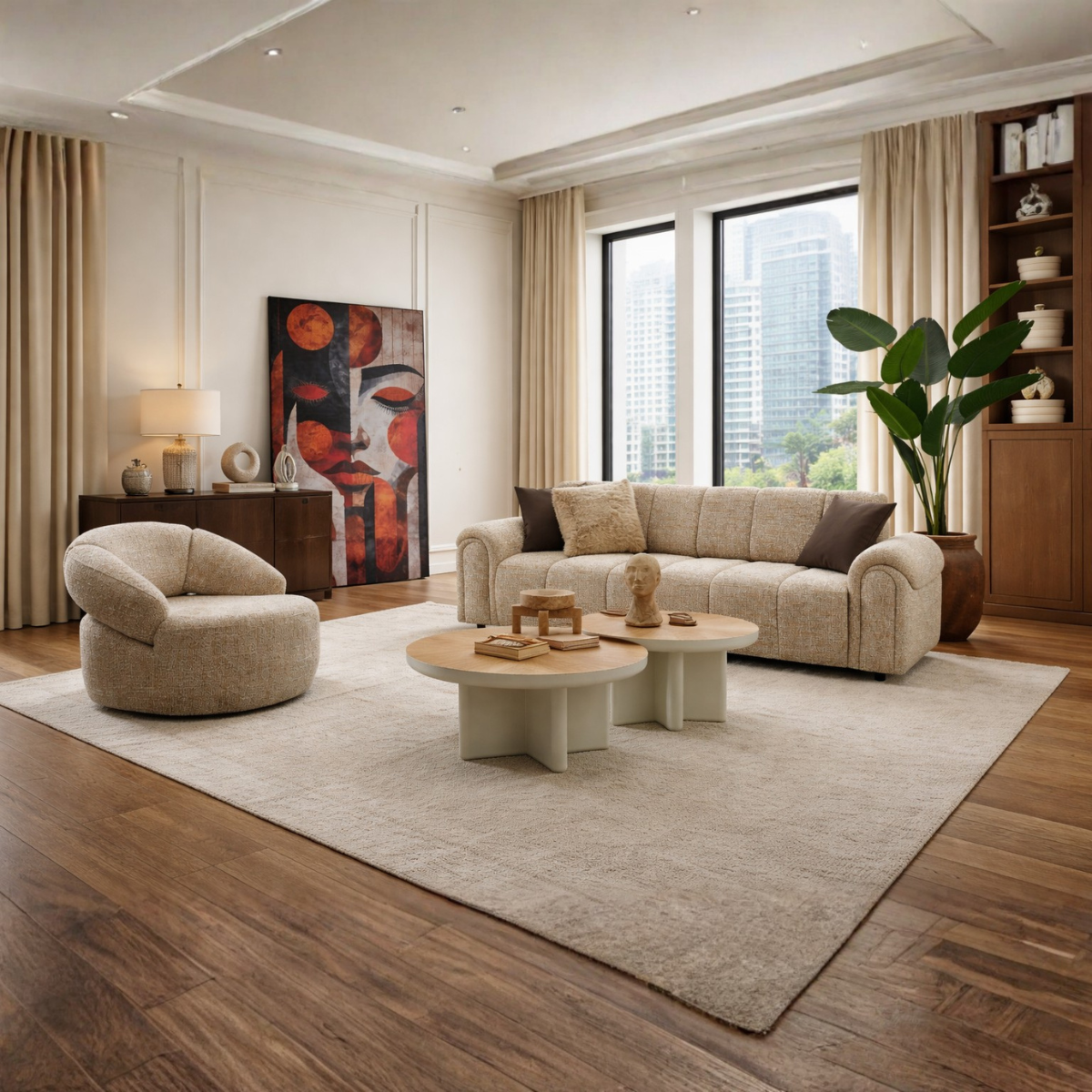 Modern living room with beige sofa, armchair, and coffee table.