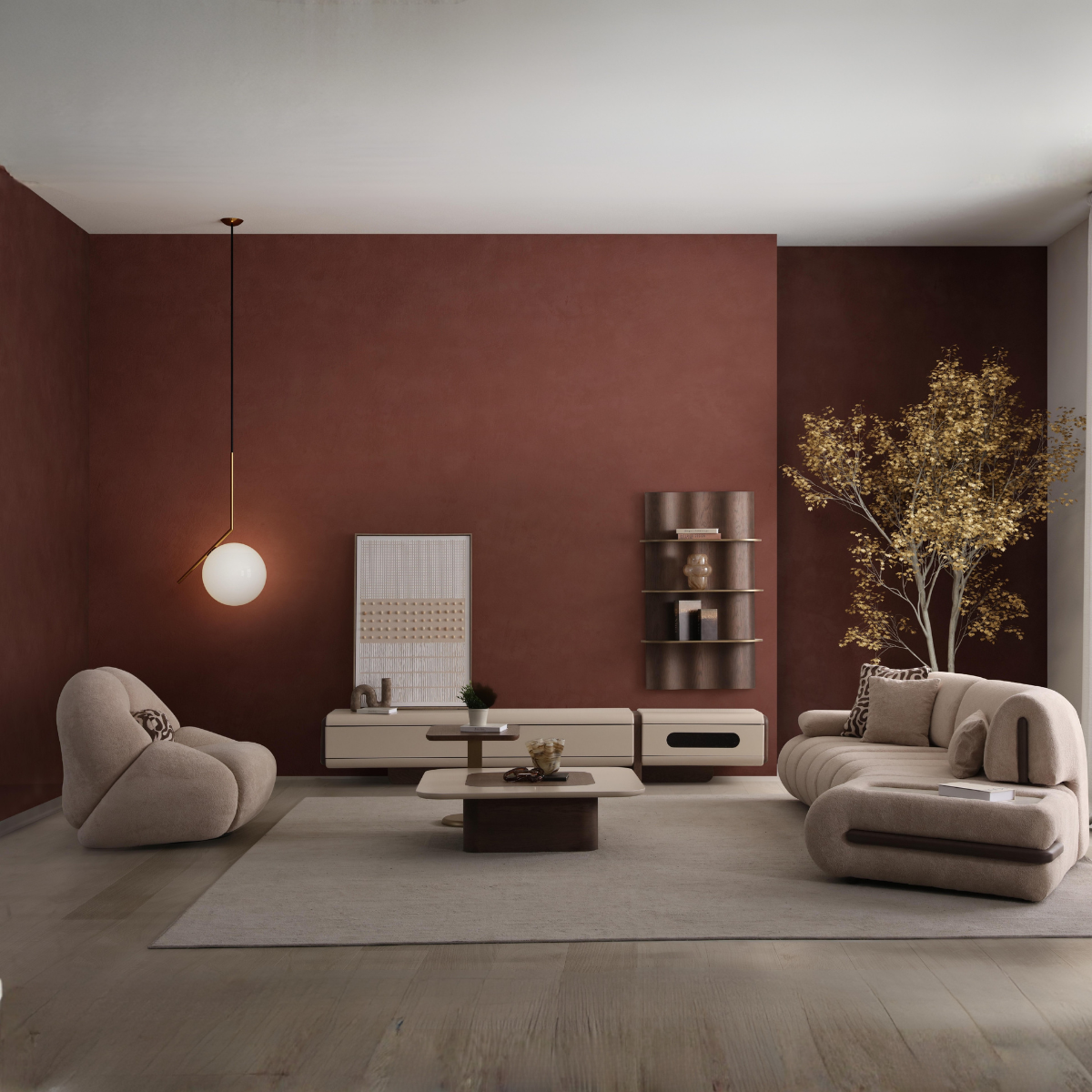 Modern living room with beige sofa, coffee table, and decorative elements.
