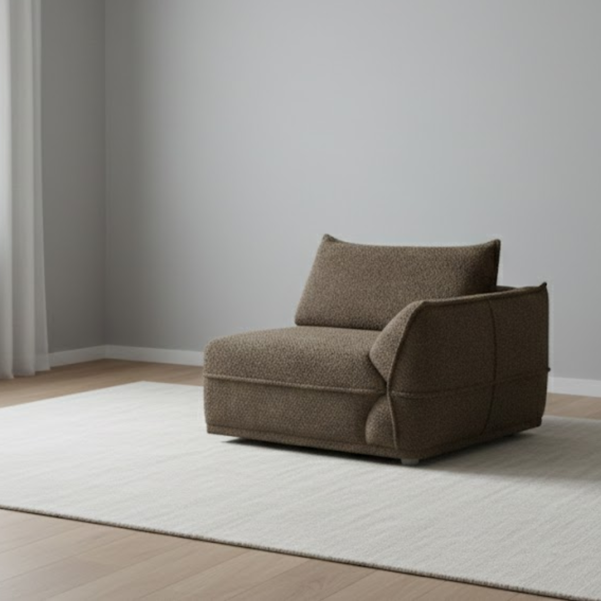 Brown armchair on a light gray rug with a neutral wall background
