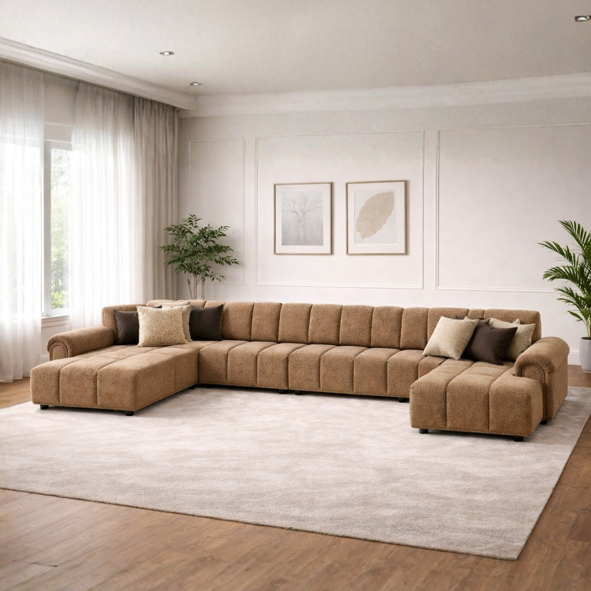Brown sectional sofa in a living room with white walls and decor.