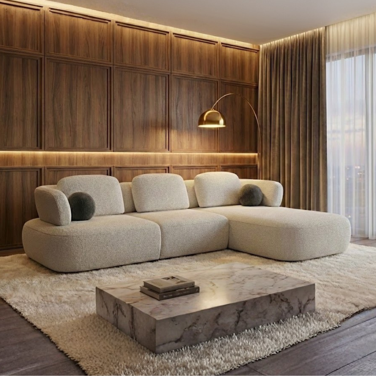 Modern living room with a beige sectional sofa, wooden coffee table, and wooden panel walls.