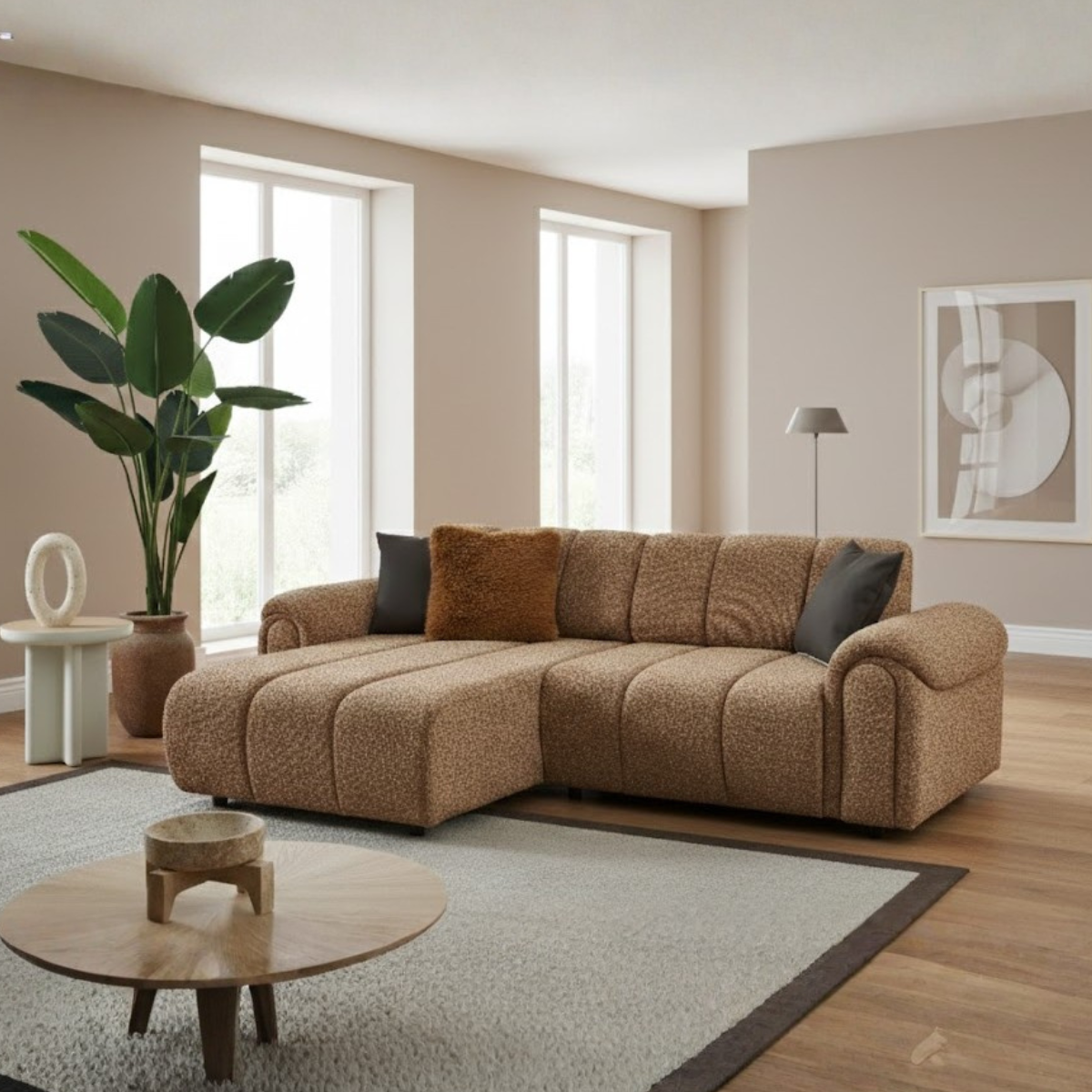 Brown sectional sofa in a living room with a plant and coffee table.