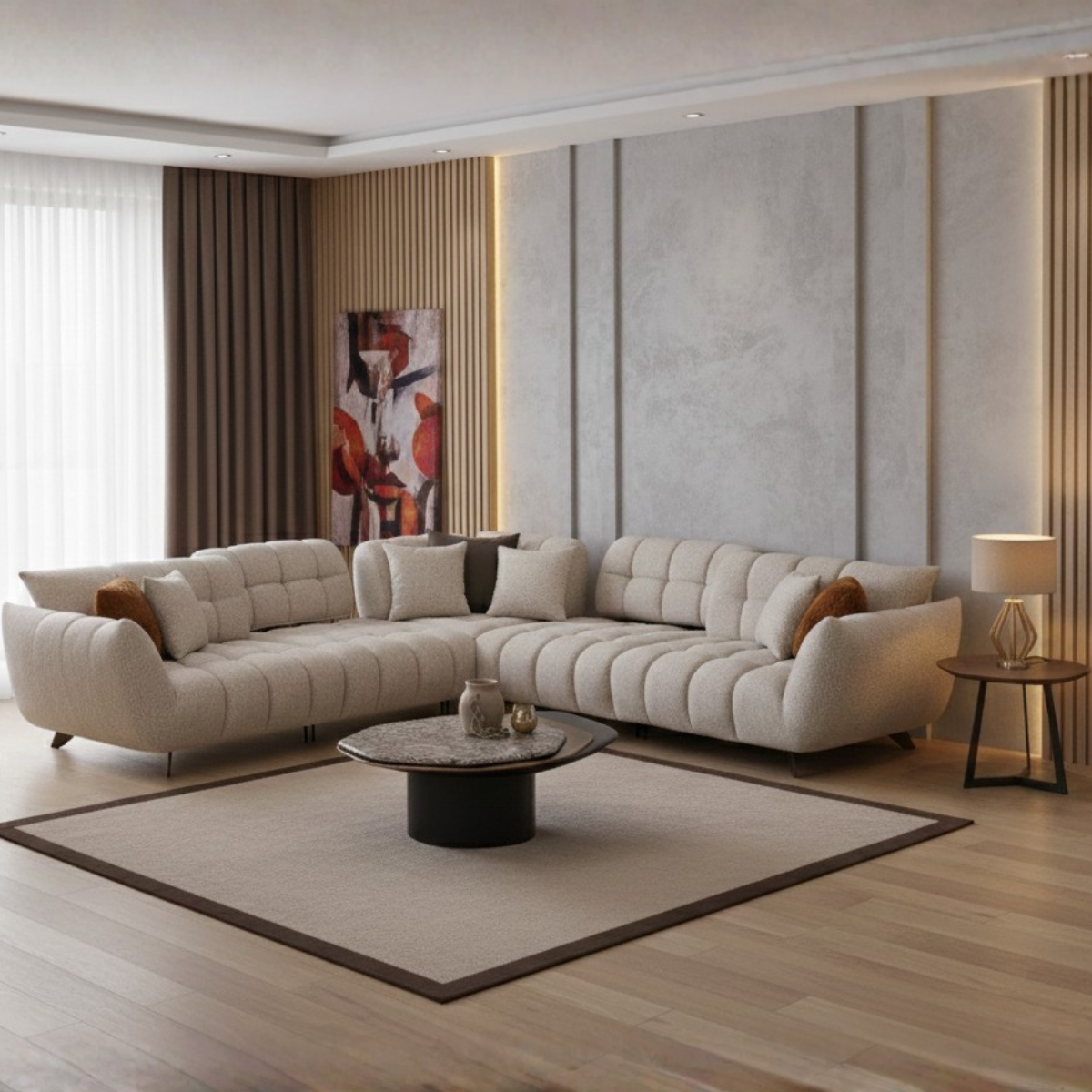Modern living room with a beige sectional sofa, coffee table, and decorative elements.