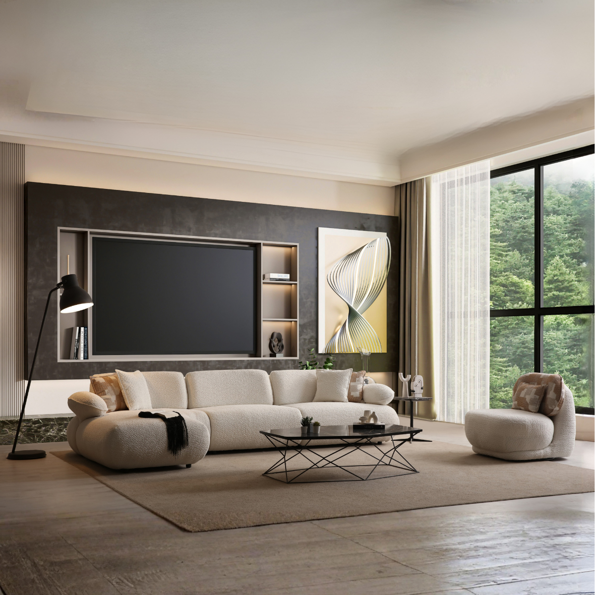 Modern living room with a white sofa, coffee table, and decorative wall art.