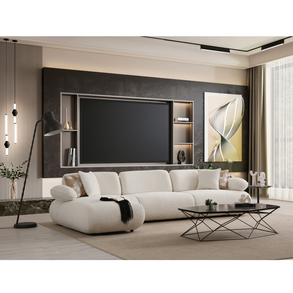Modern living room with a white sofa, coffee table, and decorative wall art.