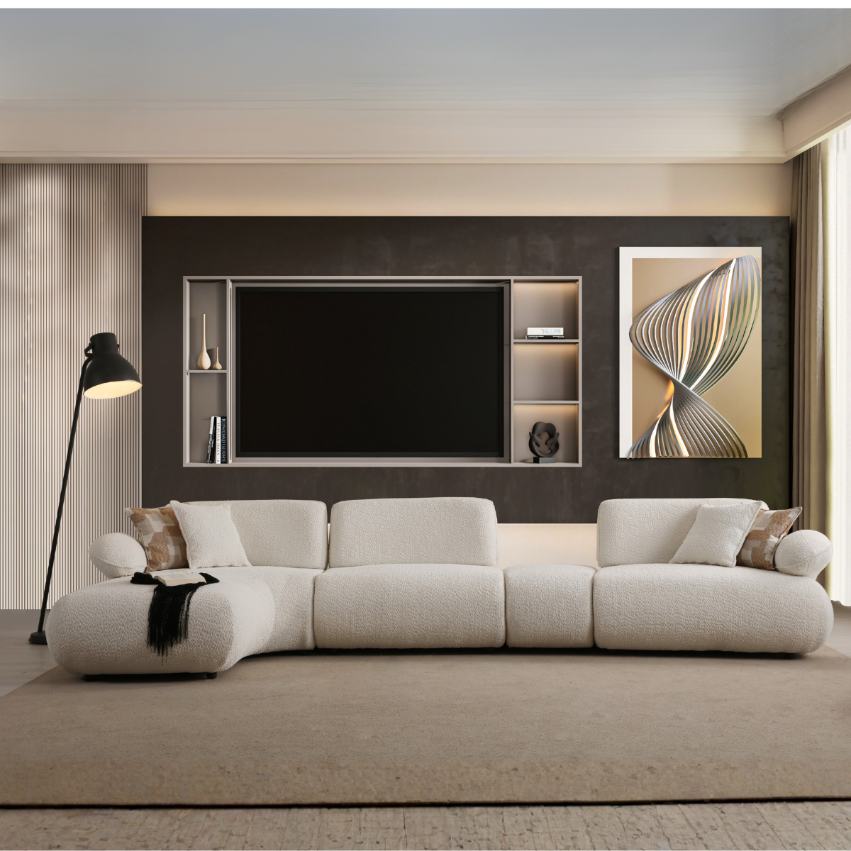 Modern living room with a white sofa, floor lamp, and wall art.