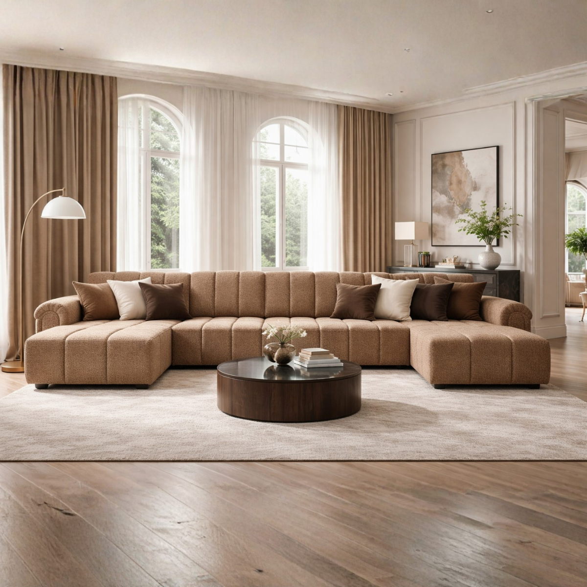 Modern living room with a large brown sectional sofa, wooden coffee table, and large windows.
