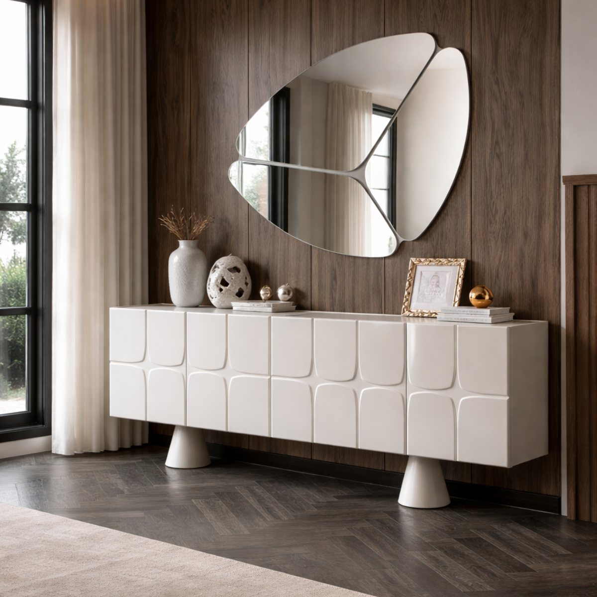 White sideboard with decorative items against a wooden wall with a mirror.