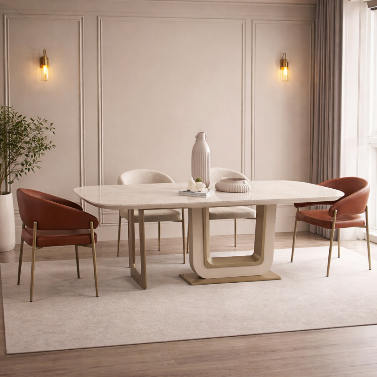 Dining room with a modern table and chairs in a well-lit room.