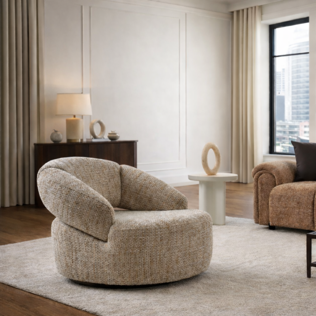 Modern living room with a textured armchair and side table.