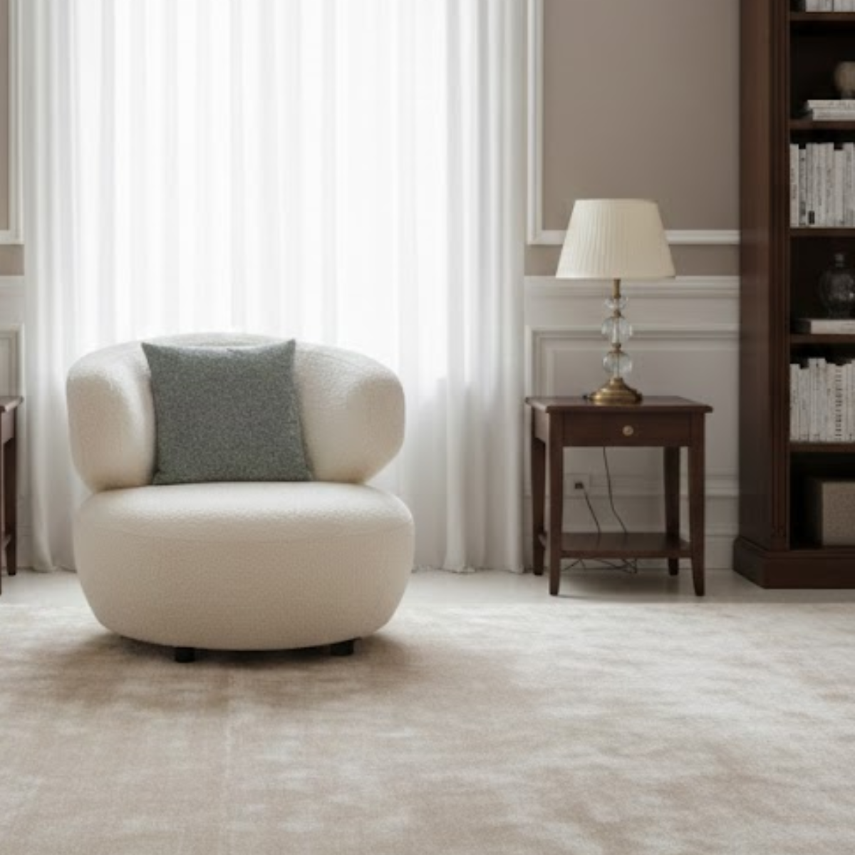 White armchair with a gray pillow in a living room setting.