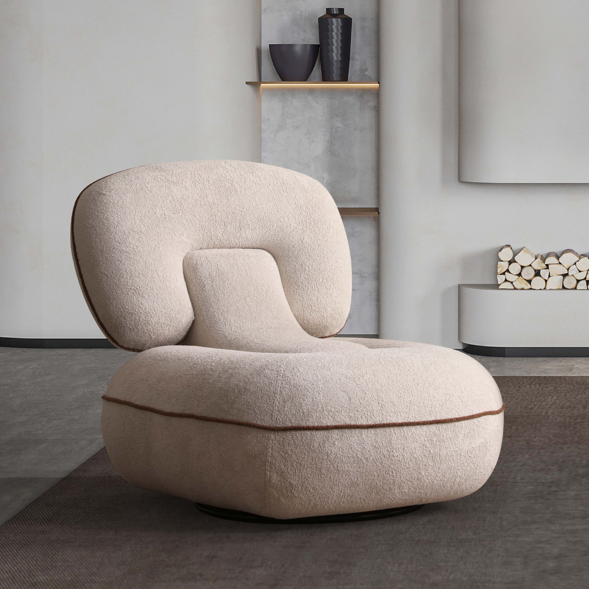 Beige armchair in a modern living room setting with shelves and decorative items.